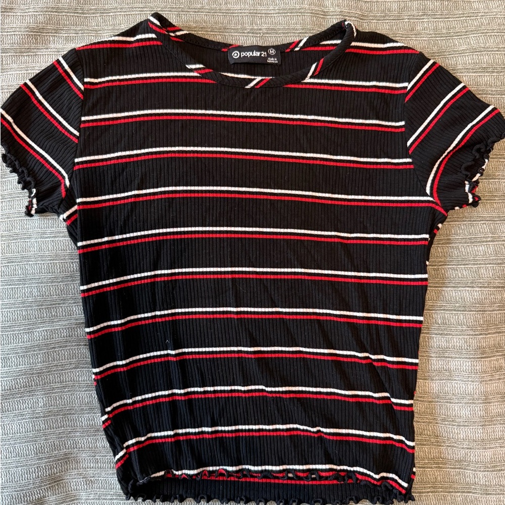 Popular Basics Black Tee with Red and White Stripes
